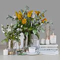Elegant Home Decor Ornament Set With Fresh Flowers Vases Candles And Books