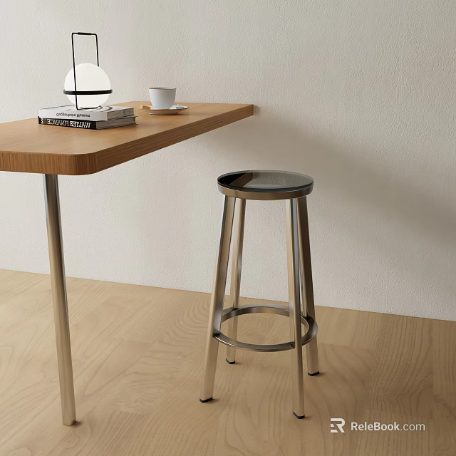 Bar Stool with Round Seat Stainless Steel Legs by Wooden Counter with Books and Lamp 3d model 