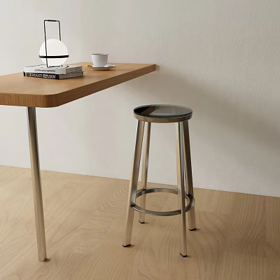 Bar Stool with Round Seat Stainless Steel Legs by Wooden Counter with Books and Lamp 3d model