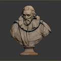 Bronze Bust Statue of Bearded Man with Ruffled Collar on Pedestal Base