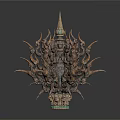 Intricate Bronze Metal Furniture Sculpture With Spiked Decorations And Green Accents