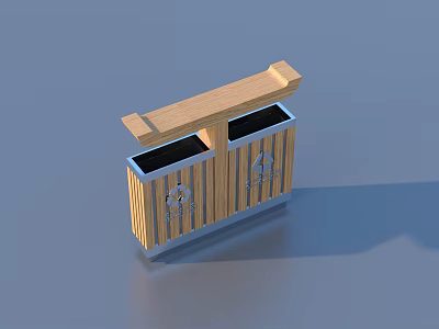 Wooden Double Compartment Trash Bin With Open Lid And Recycling Symbols 3d model