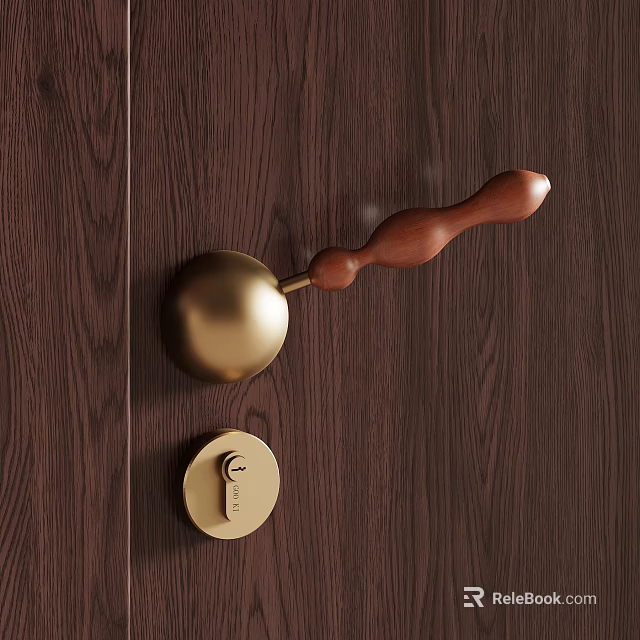 Elegant Golden Door Handle With Wooden Grip On Dark Wooden Door And Round Lock Plate 3d model 