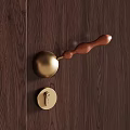 Elegant Golden Door Handle With Wooden Grip On Dark Wooden Door And Round Lock Plate