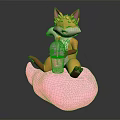 Cute Fox Figurine Sitting on Pink Cloud Holding Pink Beverage