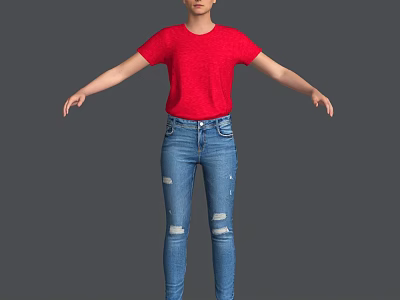 Woman In Red T-shirt And Distressed Jeans Standing With Arms Outstretched Against Gray Background 3d model