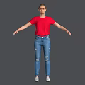 Woman In Red T-shirt And Distressed Jeans Standing With Arms Outstretched Against Gray Background