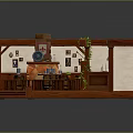 Cozy Pub Interior Design With Wooden Tables Chairs Fireplace Wine Rack Green Plants And Decorative Paintings