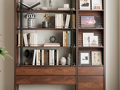 Modern Wooden Bookshelf With Books Decorative Items Photo Frames And Small Ornaments 3d model