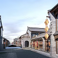 Traditional Chinese Commercial Street With Ancient Architecture Stone Pavement And Lanterns