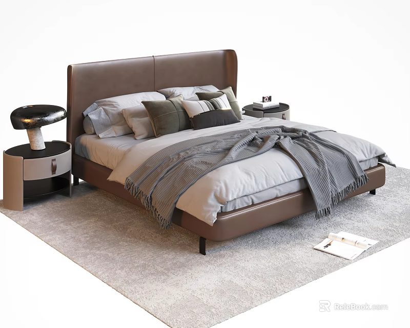 Modern Double Bed With Brown Leather Headboard Multiple Pillows Gray Throw And Nightstands 3d model