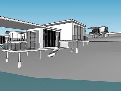 Modern Detached Villa With Large Windows Elevated Structure Terrace And Waterfront View 3d model