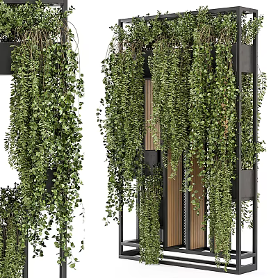 Modern Decorative Room Divider With Hanging Green Plants Metal Frame And Wooden Panels 3d model
