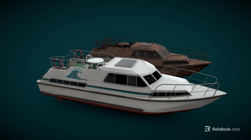 White Yacht With Green Wave Logo On Deck And Vintage Boat Background 3d model 