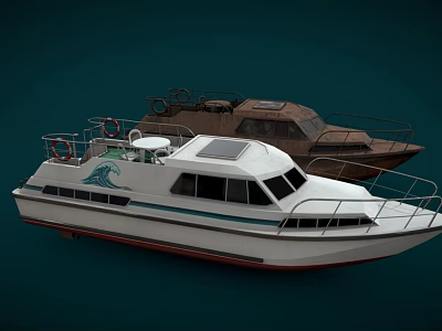 White Yacht With Green Wave Logo On Deck And Vintage Boat Background 3d model