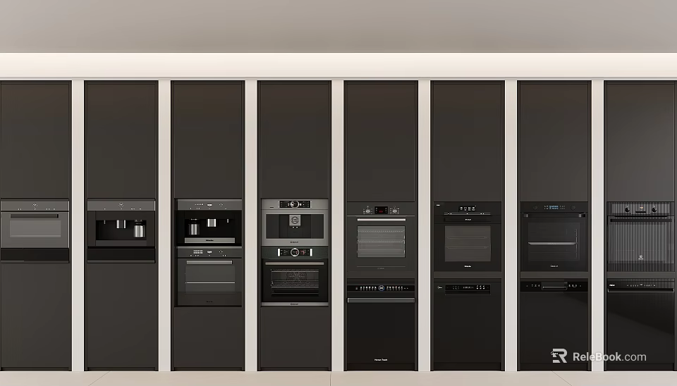 Sleek Modern Built in Kitchen Appliances Neatly Arranged in Dark Cabinetry 3d model 
