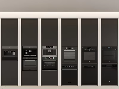 Sleek Modern Built in Kitchen Appliances Neatly Arranged in Dark Cabinetry 3d model