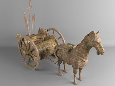 Ancient Bronze Horse Drawn Carriage Featuring Decorative Carvings on Body Wheels and Harness Details 3d model