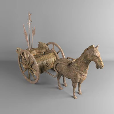 Ancient Bronze Horse Drawn Carriage Featuring Decorative Carvings on Body Wheels and Harness Details 3d model