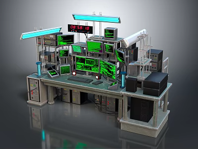 Advanced Command Console Featuring Multiple Green Screen Monitors Blue Overhead Lights And Equipment 3d model