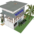 Detached House Two Story Exterior With Large Windows Palm Tree Greenery And Lawn