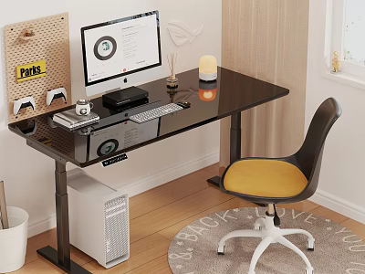 Modern Black Desk with Glass Top Featuring Computer Monitor Keyboard Table Lamp Pinboard and Chair 3d model