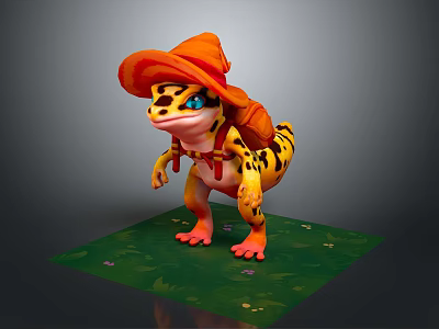Animated Lizard Game Character With Orange Hat Blue Eyes And Spotted Skin On Green Grass 3d model