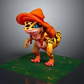 Animated Lizard Game Character With Orange Hat Blue Eyes And Spotted Skin On Green Grass