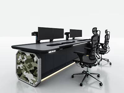 Functional Desk With Multiple Monitors Camouflage Design And Ergonomic Chairs 3d model