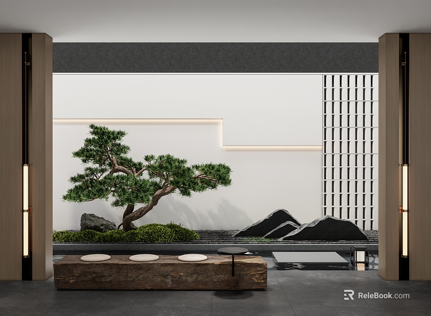 Zen Style Indoor Landscape Featuring Bonsai Pine Rockery Stone Table And Lattice Wall 3d model 