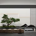 Zen Style Indoor Landscape Featuring Bonsai Pine Rockery Stone Table And Lattice Wall