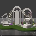 Floral Installation with White Arch Picture Frame Jewelry Box on Green Grass and Purple Flowers
