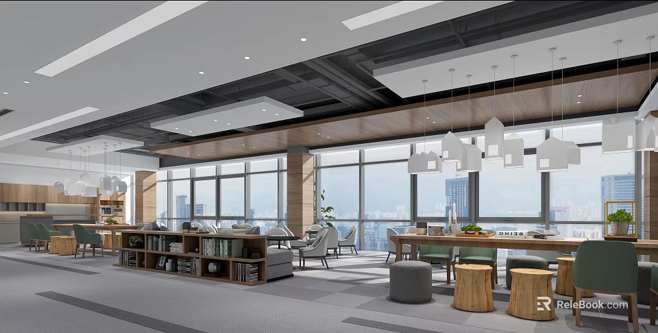 Modern Lounge Area With Large Windows City View Sofas Tables Stools Bookshelves And Pendant Lights 3d model 