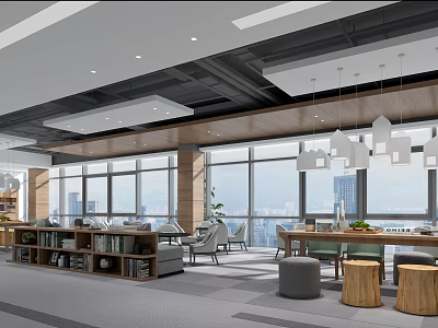 Modern Lounge Area With Large Windows City View Sofas Tables Stools Bookshelves And Pendant Lights 3d model