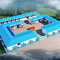 Industrial Factory With Blue White Roof Silos Trucks Facilities And Green Surroundings