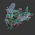 Camouflage Vintage Motorcycle With Windshield Black Seat And Metal Parts On Reflective Surface