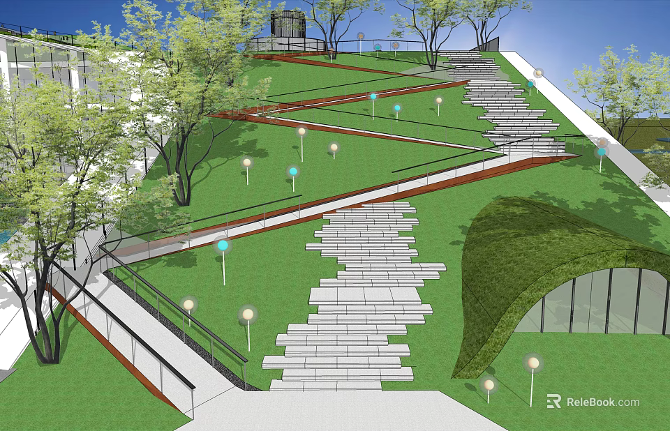Outdoor Landscape Staircase With Green Lawn Trees And Lamp Posts Pathways 3d model 