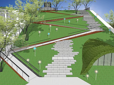 Outdoor Landscape Staircase With Green Lawn Trees And Lamp Posts Pathways 3d model