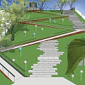 Outdoor Landscape Staircase With Green Lawn Trees And Lamp Posts Pathways 3d model