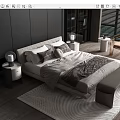 Modern Double Bed Room Interior With Gray White Bedding Wooden Floor And Bench