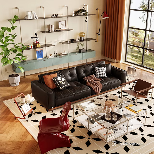 Modern Black Leather Sofa And Glass Metal Coffee Table Set For Elegant Cozy Living Room 3d model 
