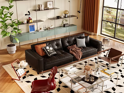 Modern Black Leather Sofa And Glass Metal Coffee Table Set For Elegant Cozy Living Room 3d model