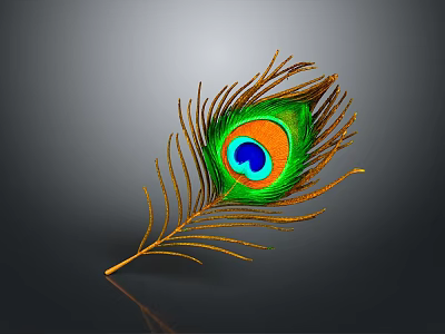 Peacock Feather With Vibrant Green Blue Orange Eye Pattern And Golden Quills 3d model