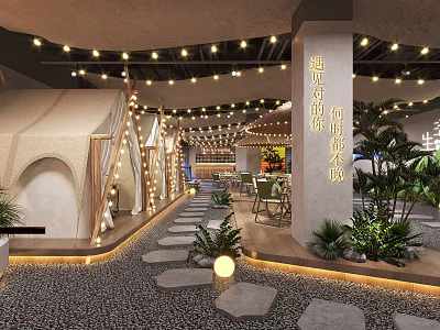 Trendy Camping Themed Restaurant With Private Tent Booths Warm String Lights And Lush Green Plants 3d model
