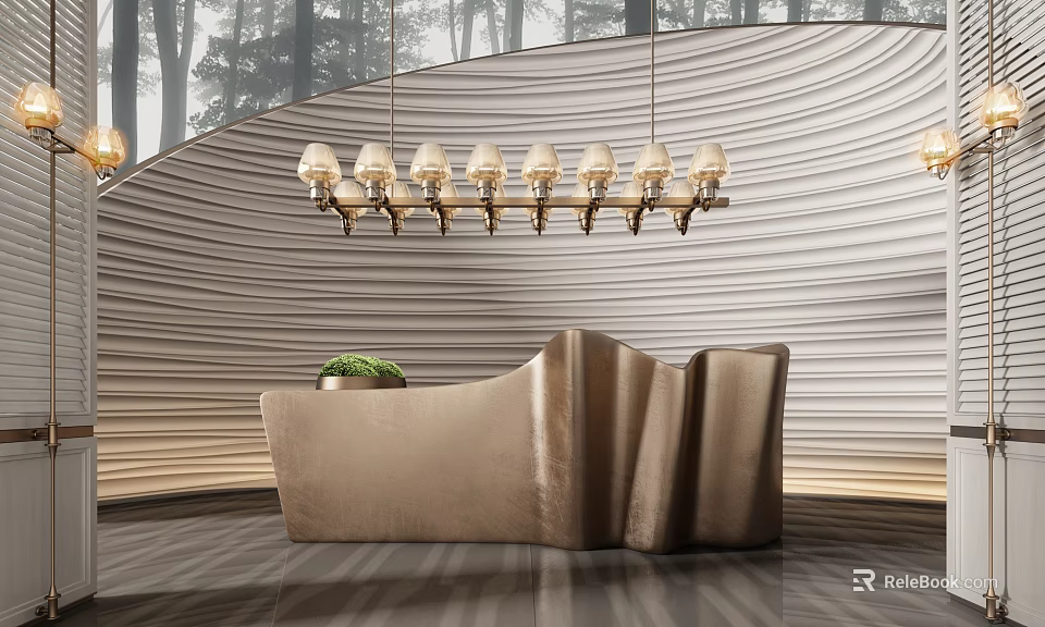 Stylish Curved Reception Desk With Striped Curved Wall And Hanging Pendant Lights 3d model 
