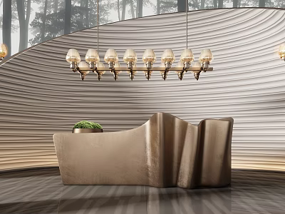 Stylish Curved Reception Desk With Striped Curved Wall And Hanging Pendant Lights 3d model