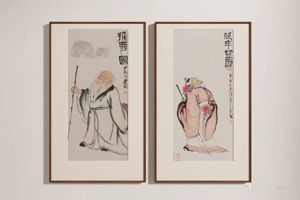 Traditional Chinese Scroll Paintings With Elderly Figures In Traditional Attire On Wall 3d model 
