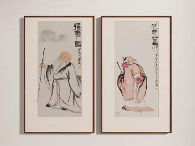 Traditional Chinese Scroll Paintings With Elderly Figures In Traditional Attire On Wall 3d model