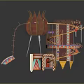 Colorful Rotating Amusement Structure With Spiral Slide And Tiered Striped Platforms