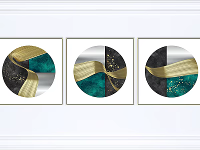 Three Circular Abstract Paintings with Gold Teal Black Silver and Geometric Patterns 3d model